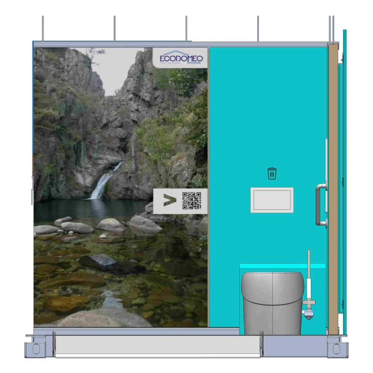 Plan du prototype ECODOMEO : cabine de toilettes publiques avec habillage photo, QR code et cuvette écologique